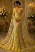 3D Floral Lace - YELLOW - 3D Floral Embroider Beaded Rhinestones On a Mesh Lace 48” For Quinsiañera Dresses - Prom Dress Sold By Yard