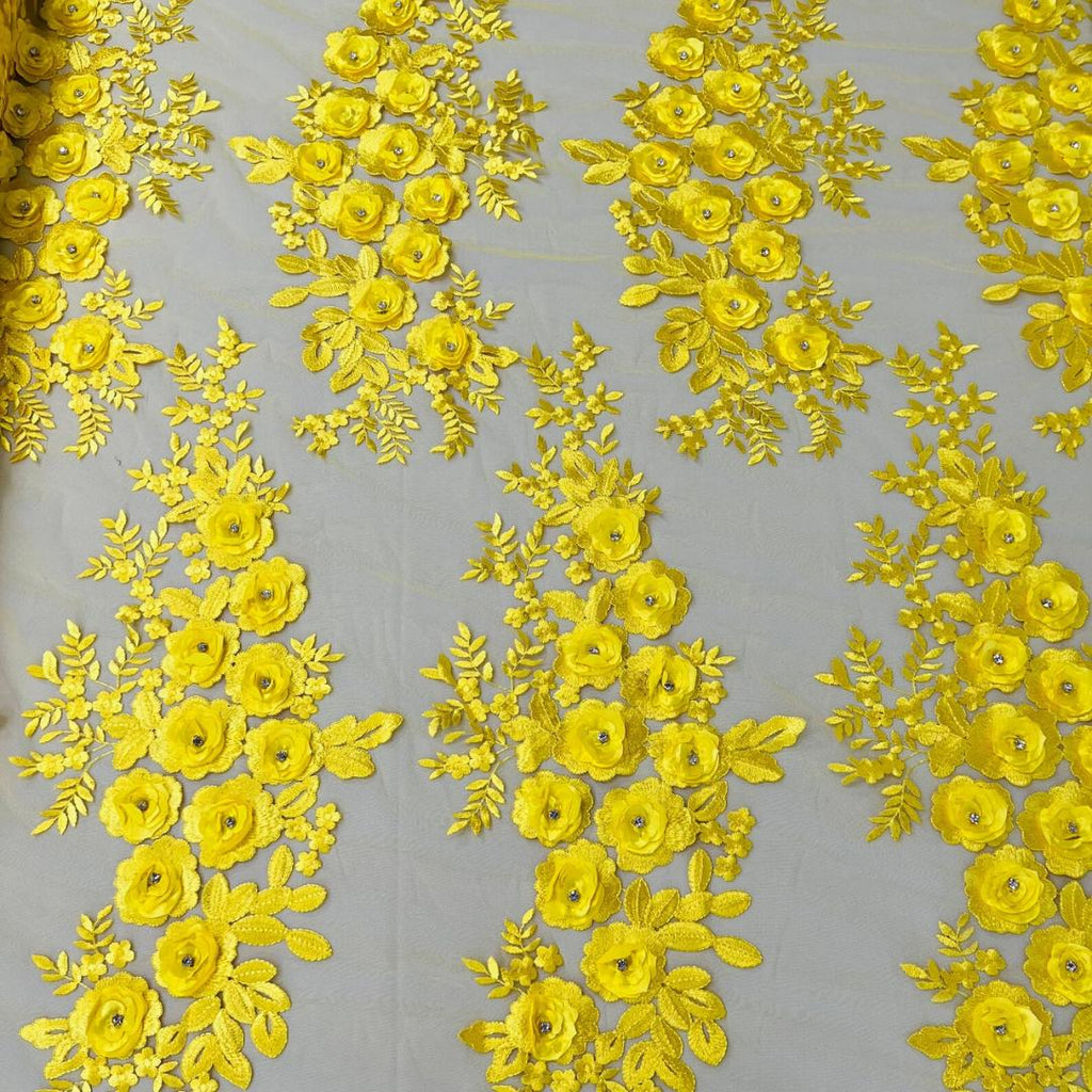 3D Floral Lace - YELLOW - 3D Floral Embroider Beaded Rhinestones On a Mesh Lace 48” For Quinsiañera Dresses - Prom Dress Sold By Yard