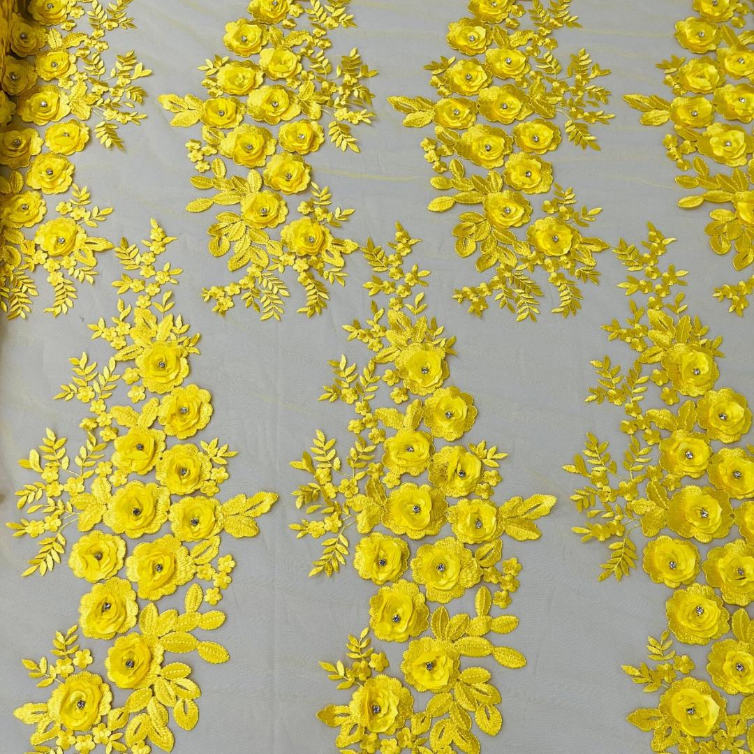 3D Floral Lace - YELLOW - 3D Floral Embroider Beaded Rhinestones On a Mesh Lace 48” For Quinsiañera Dresses - Prom Dress Sold By Yard
