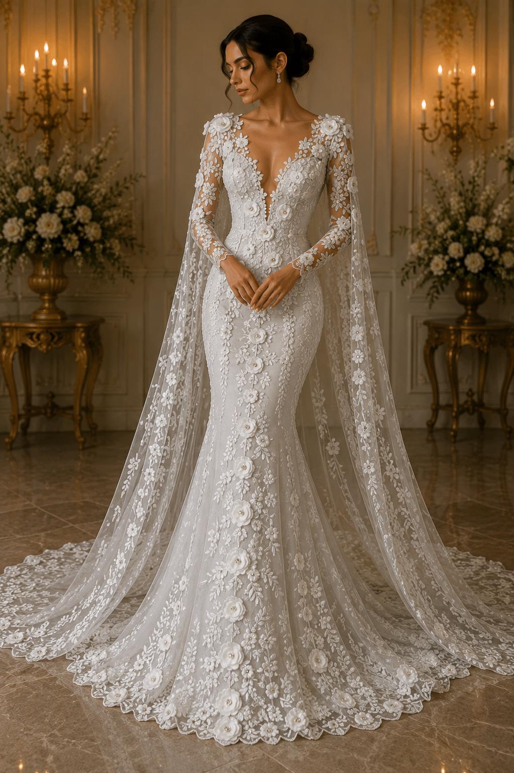 3D Floral Lace - WHITE - 3D Floral Embroider Beaded Rhinestones On a Mesh Lace 48” For Quinsiañera Dresses - Prom Dress Sold By Yard