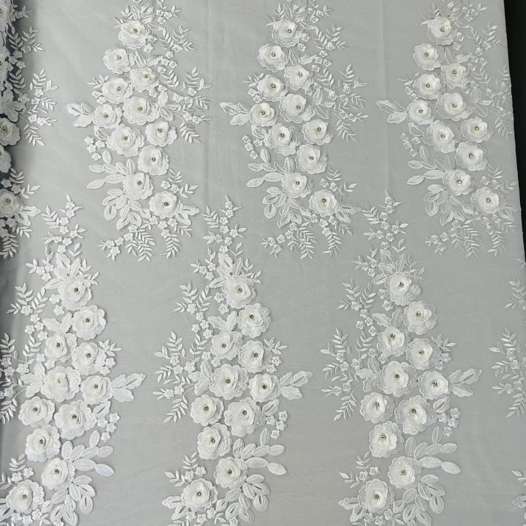 3D Floral Lace - WHITE - 3D Floral Embroider Beaded Rhinestones On a Mesh Lace 48” For Quinsiañera Dresses - Prom Dress Sold By Yard