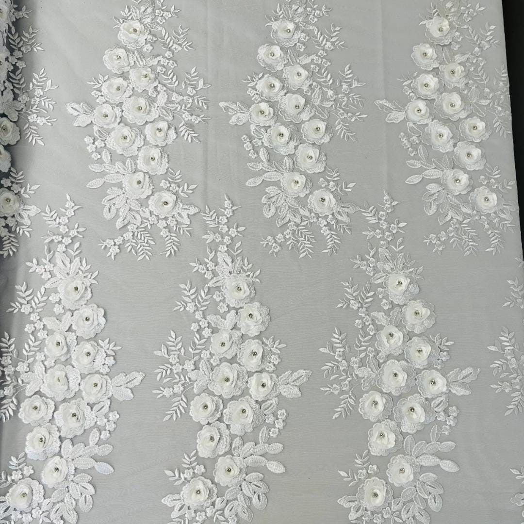 3D Floral Lace - WHITE - 3D Floral Embroider Beaded Rhinestones On a Mesh Lace 48” For Quinsiañera Dresses - Prom Dress Sold By Yard
