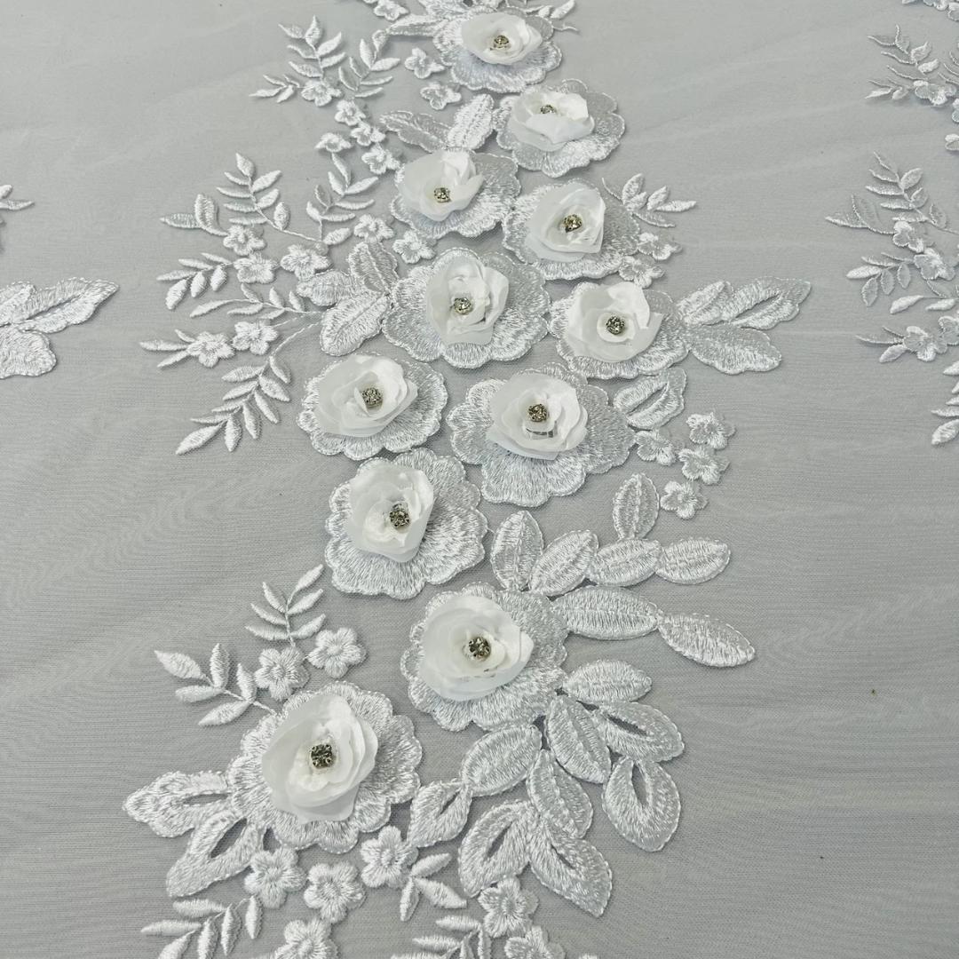 3D Floral Lace - WHITE - 3D Floral Embroider Beaded Rhinestones On a Mesh Lace 48” For Quinsiañera Dresses - Prom Dress Sold By Yard
