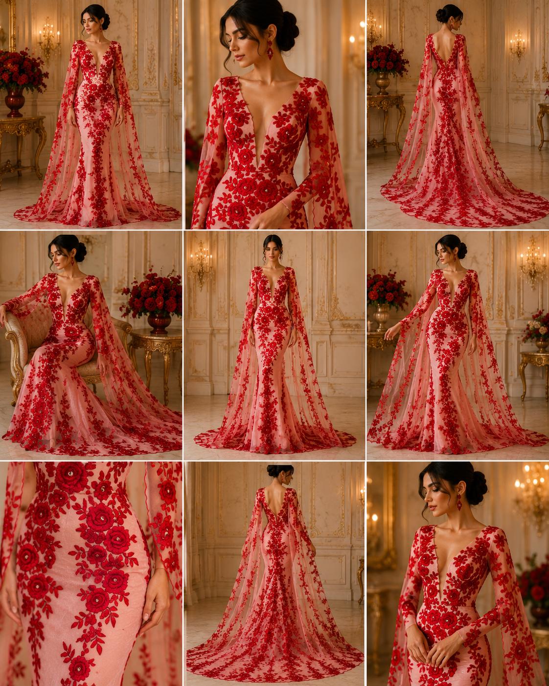 3D Floral Lace - RED - 3D Floral Embroider Beaded Rhinestones On a Mesh Lace 48” For Quinsiañera Dresses - Prom Dress Sold By Yard