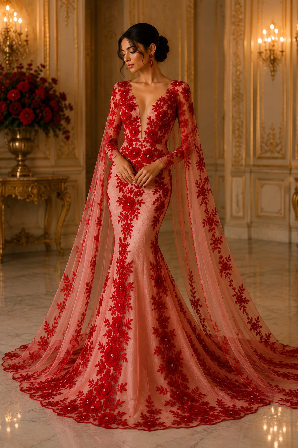 3D Floral Lace - RED - 3D Floral Embroider Beaded Rhinestones On a Mesh Lace 48” For Quinsiañera Dresses - Prom Dress Sold By Yard
