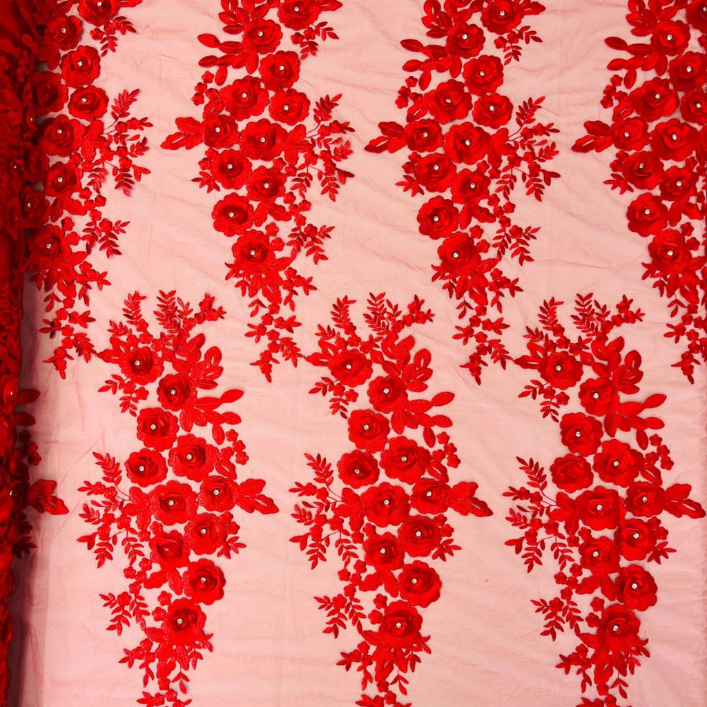3D Floral Lace - RED - 3D Floral Embroider Beaded Rhinestones On a Mesh Lace 48” For Quinsiañera Dresses - Prom Dress Sold By Yard