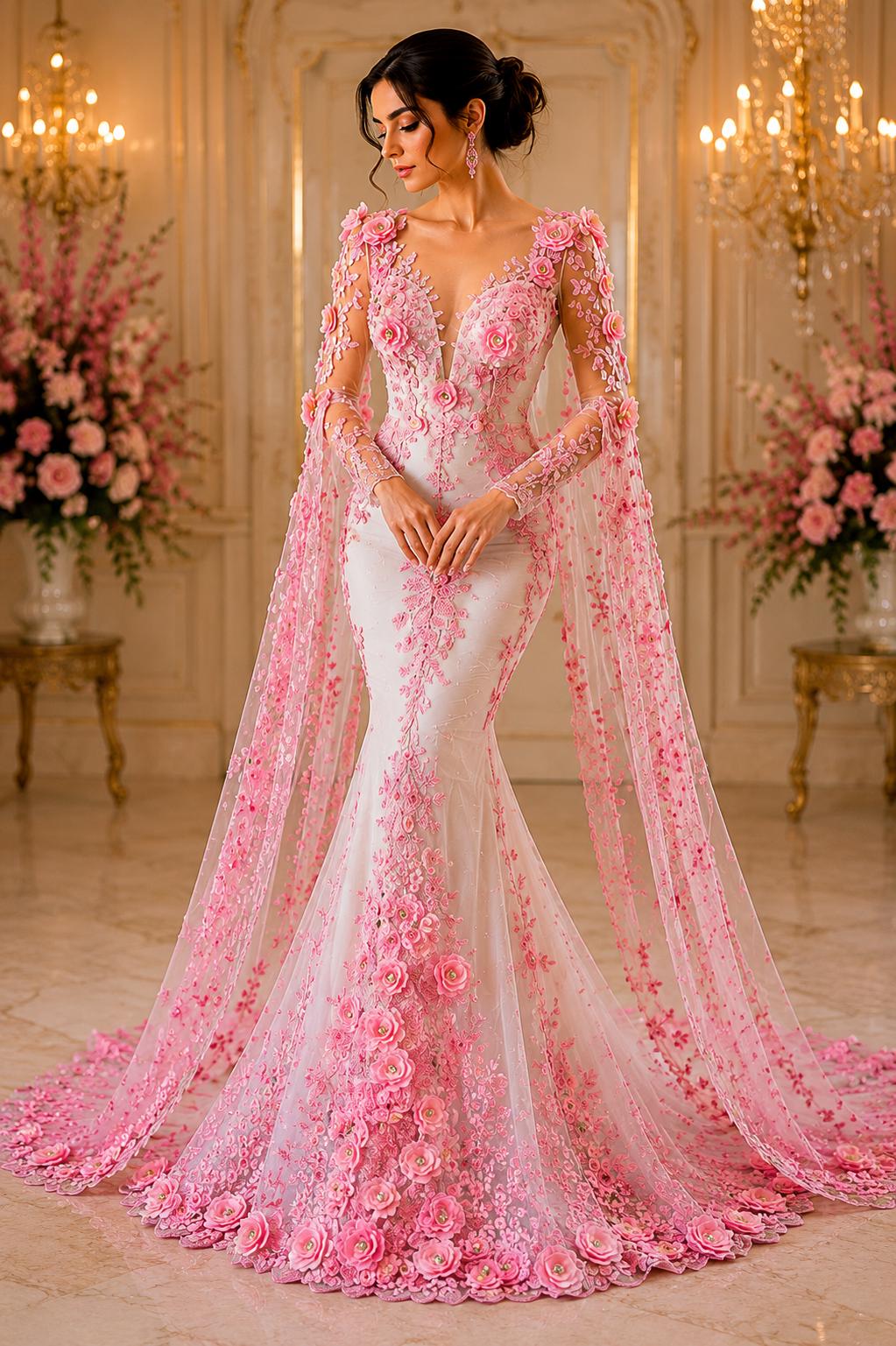 3D Floral Lace - CANDY PINK - 3D Floral Embroider Beaded Rhinestones On a Mesh Lace 48” For Quinsiañera Dresses - Prom Dress Sold By Yard