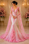 3D Floral Lace - CANDY PINK - 3D Floral Embroider Beaded Rhinestones On a Mesh Lace 48” For Quinsiañera Dresses - Prom Dress Sold By Yard
