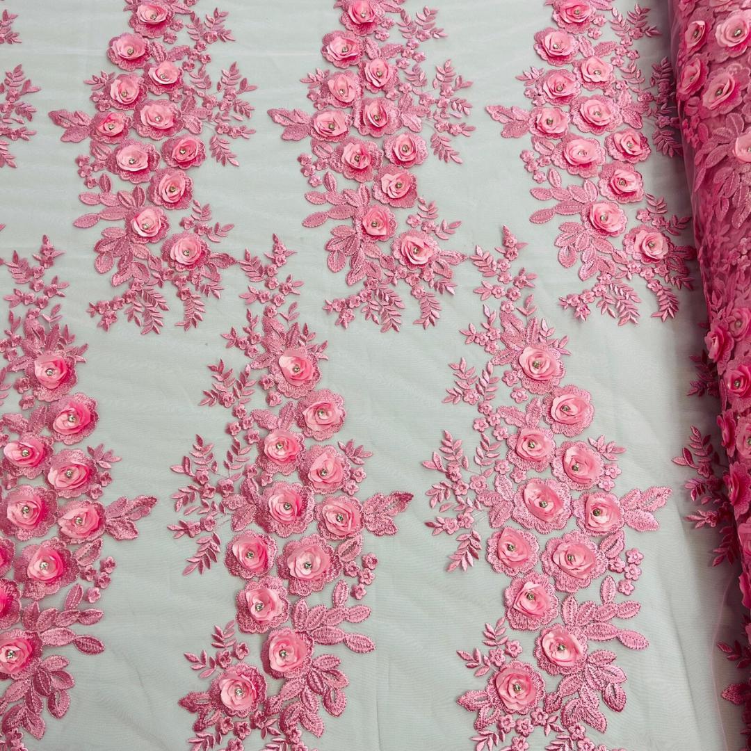 3D Floral Lace - CANDY PINK - 3D Floral Embroider Beaded Rhinestones On a Mesh Lace 48” For Quinsiañera Dresses - Prom Dress Sold By Yard