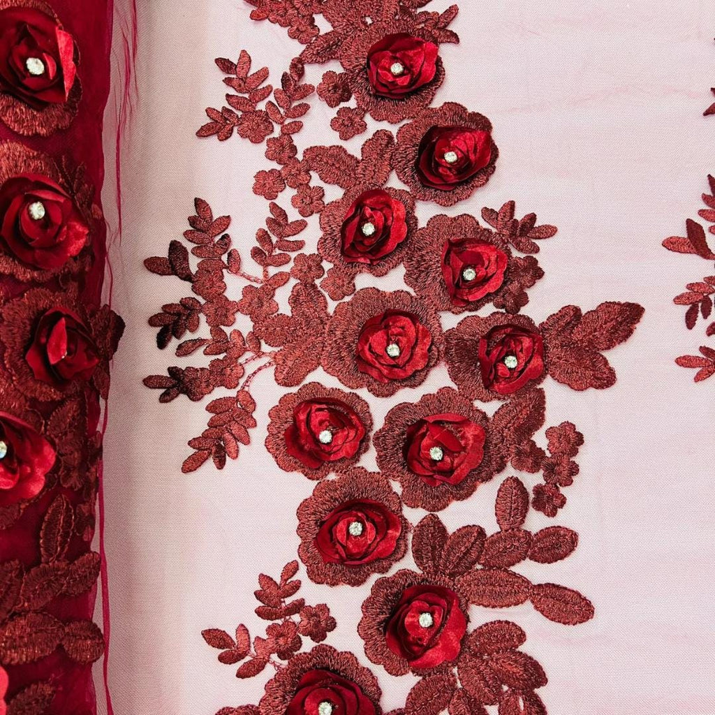 3D Floral Lace - BURGUNDY - 3D Floral Embroider Beaded Rhinestones On a Mesh Lace 48” For Quinsiañera Dresses - Prom Dress Sold By Yard