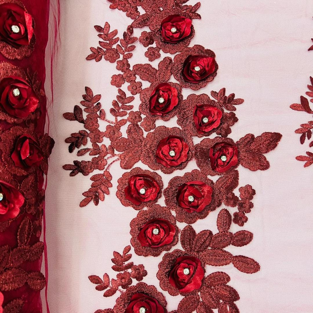 3D Floral Lace - BURGUNDY - 3D Floral Embroider Beaded Rhinestones On a Mesh Lace 48” For Quinsiañera Dresses - Prom Dress Sold By Yard