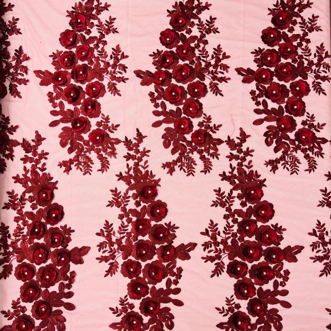 3D Floral Lace - BURGUNDY - 3D Floral Embroider Beaded Rhinestones On a Mesh Lace 48” For Quinsiañera Dresses - Prom Dress Sold By Yard