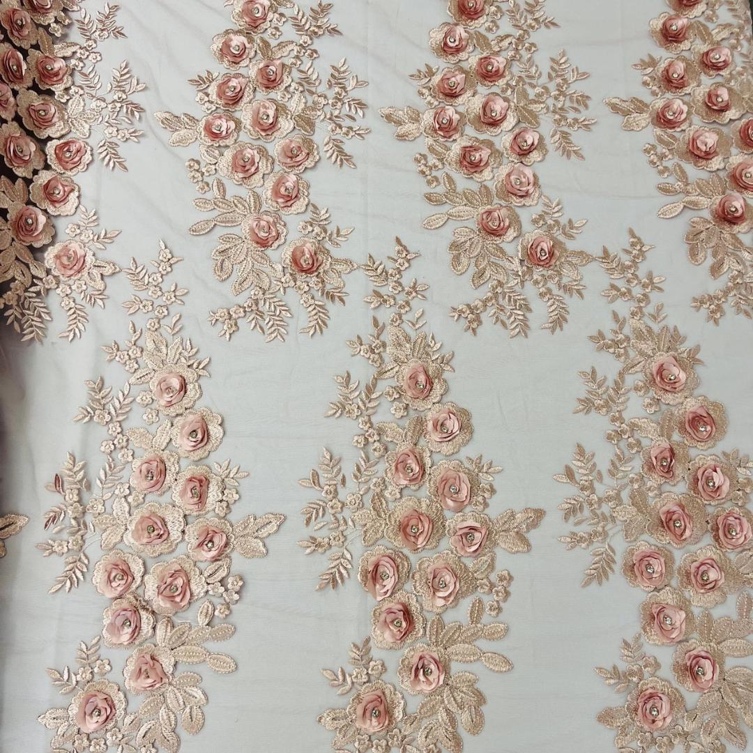 3D Floral Lace - DUSTY ROSE - 3D Floral Embroider Beaded Rhinestones On a Mesh Lace 48” For Quinsiañera Dresses - Prom Dress Sold By Yard