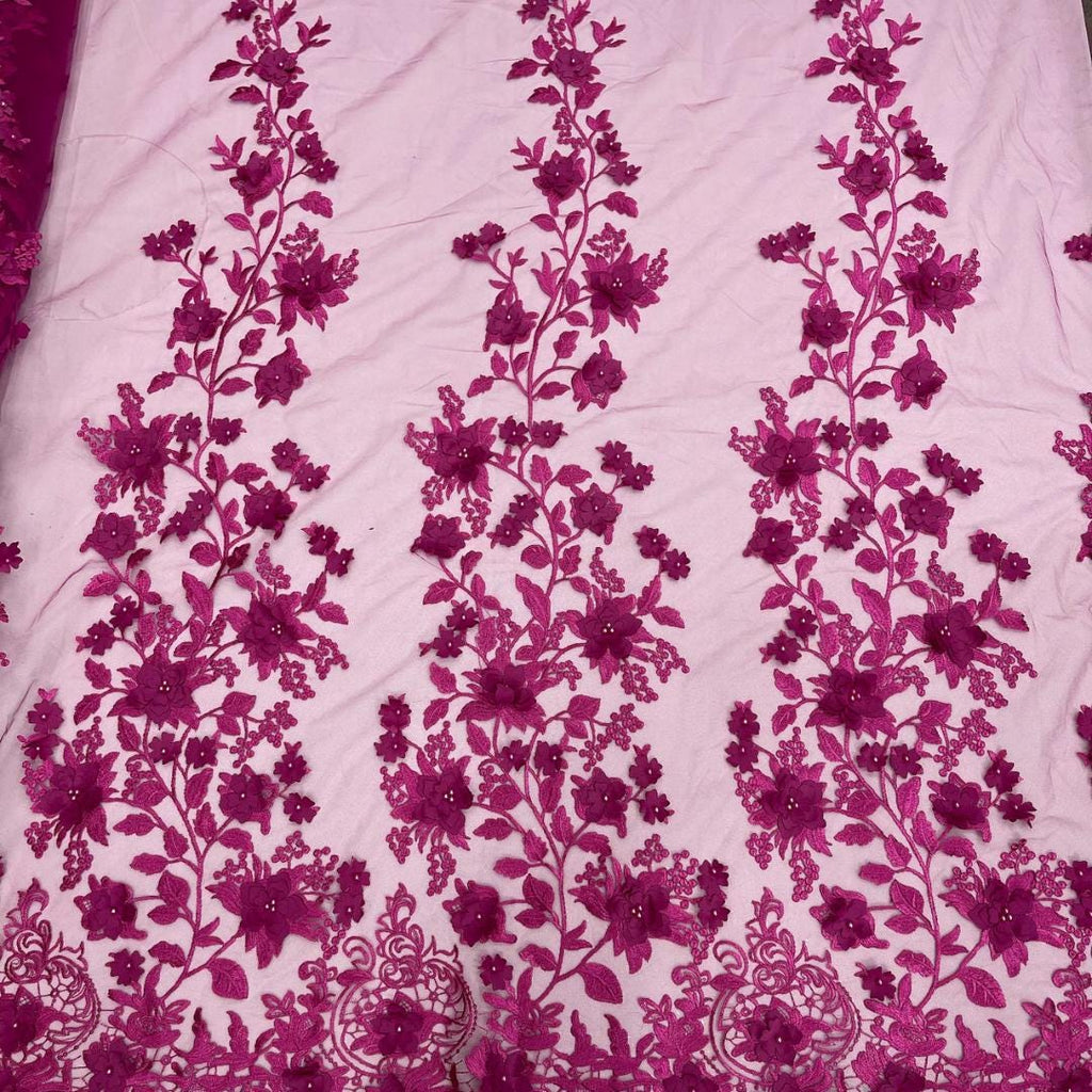 3D Floral Lace - MAGENTA -  3D Floral Embroidered Mesh Lace with Pearls| Fabric For Quinsiañera Dresses - Prom Dress Sold By Yard
