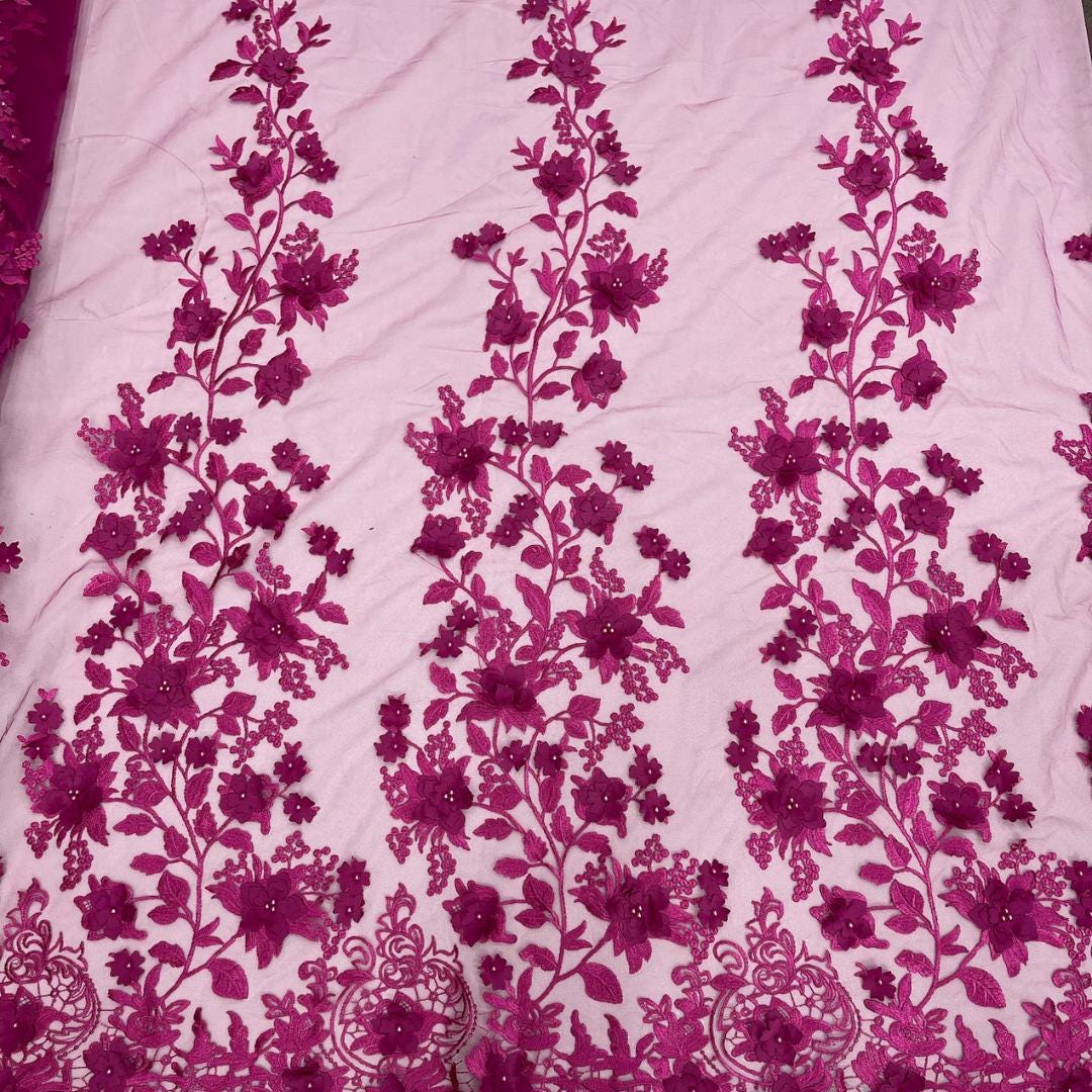 3D Floral Lace - MAGENTA -  3D Floral Embroidered Mesh Lace with Pearls| Fabric For Quinsiañera Dresses - Prom Dress Sold By Yard