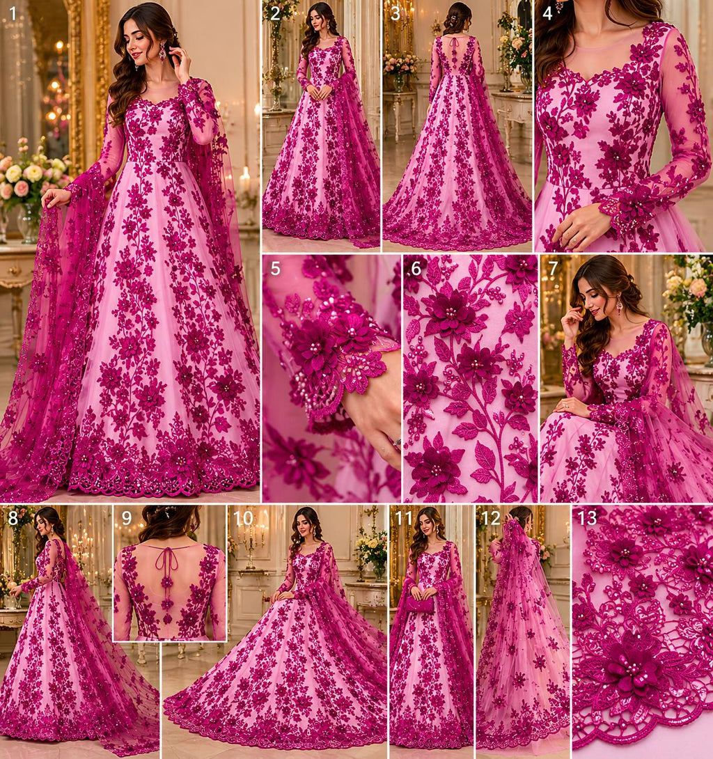 3D Floral Lace - MAGENTA -  3D Floral Embroidered Mesh Lace with Pearls| Fabric For Quinsiañera Dresses - Prom Dress Sold By Yard