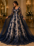 3D Floral Lace - NAVY -  3D Floral Embroidered Mesh Lace with Pearls| Fabric For Quinsiañera Dresses - Prom Dress Sold By Yard