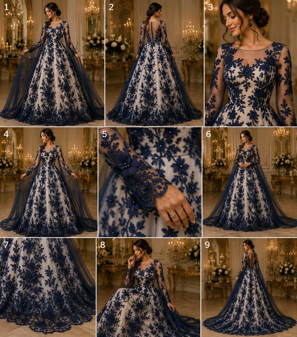 3D Floral Lace - NAVY -  3D Floral Embroidered Mesh Lace with Pearls| Fabric For Quinsiañera Dresses - Prom Dress Sold By Yard