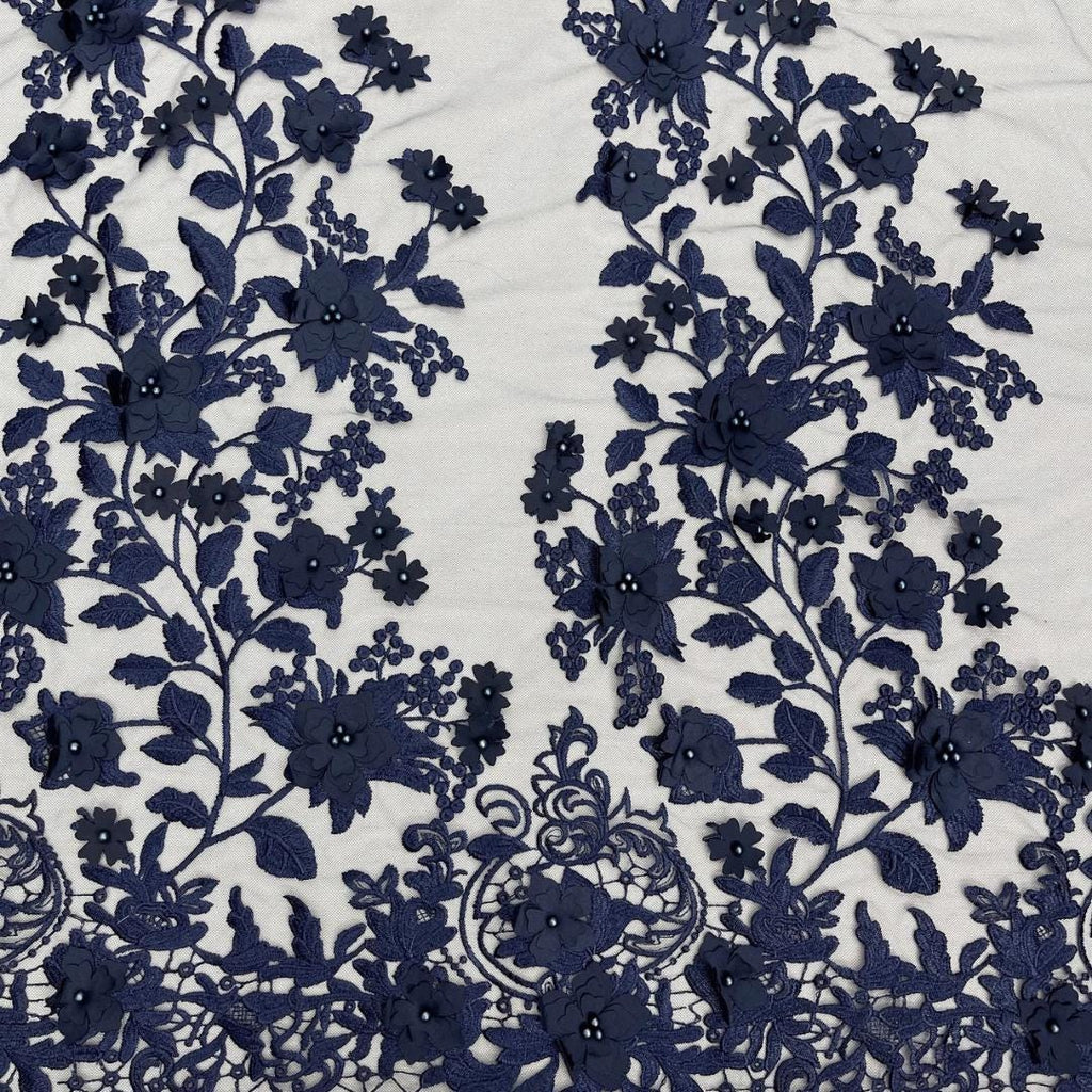 3D Floral Lace - NAVY -  3D Floral Embroidered Mesh Lace with Pearls| Fabric For Quinsiañera Dresses - Prom Dress Sold By Yard