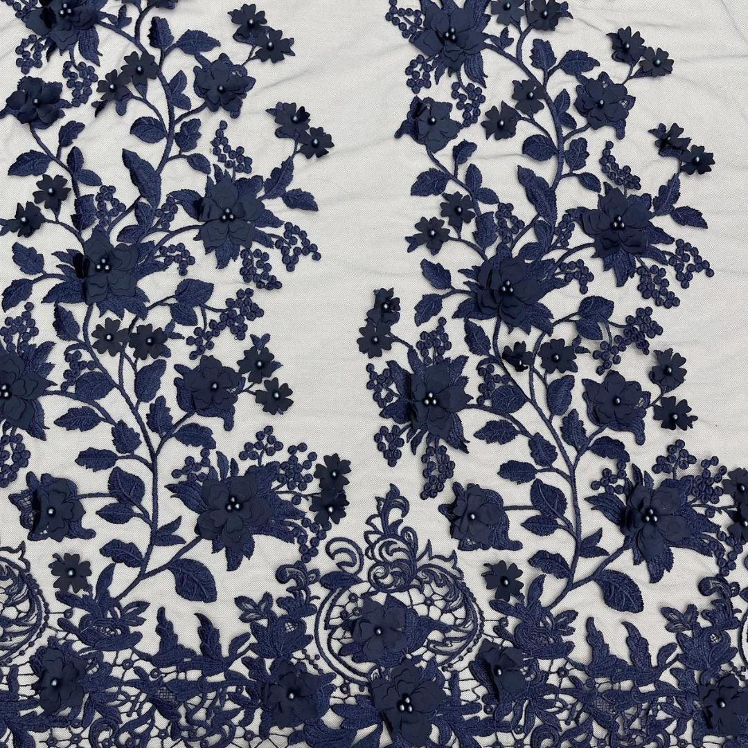 3D Floral Lace - NAVY -  3D Floral Embroidered Mesh Lace with Pearls| Fabric For Quinsiañera Dresses - Prom Dress Sold By Yard