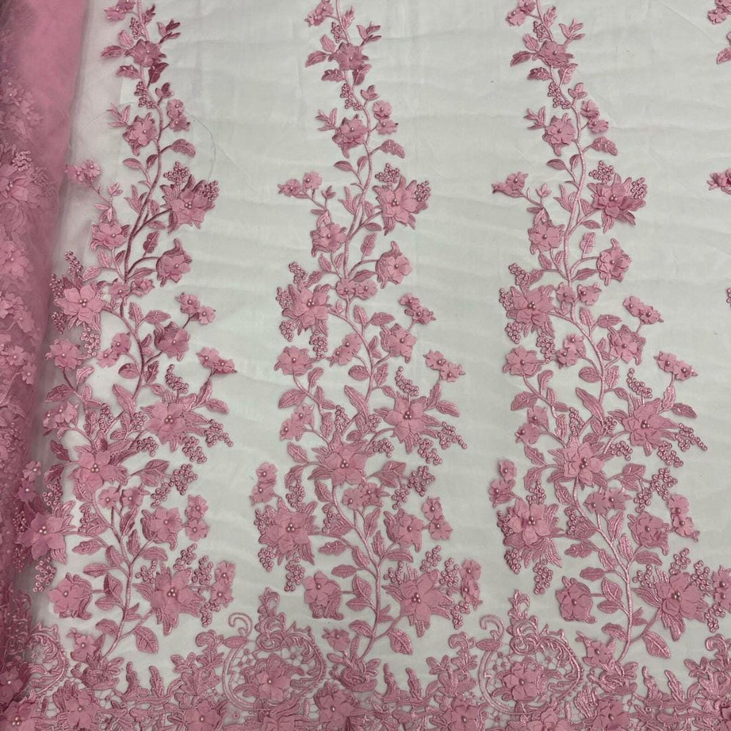3D Floral Lace - CANDY PINK -  3D Floral Embroidered Mesh Lace with Pearls| Fabric For Quinsiañera Dresses - Prom Dress Sold By Yard