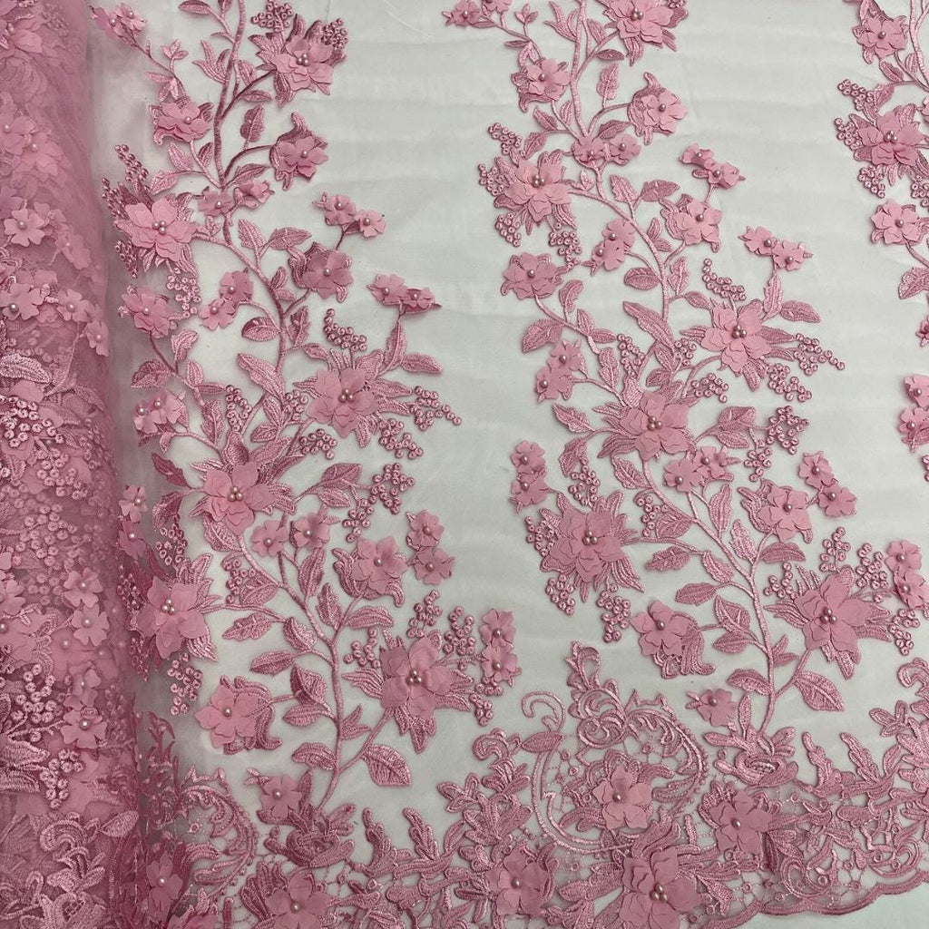 3D Floral Lace - CANDY PINK -  3D Floral Embroidered Mesh Lace with Pearls| Fabric For Quinsiañera Dresses - Prom Dress Sold By Yard