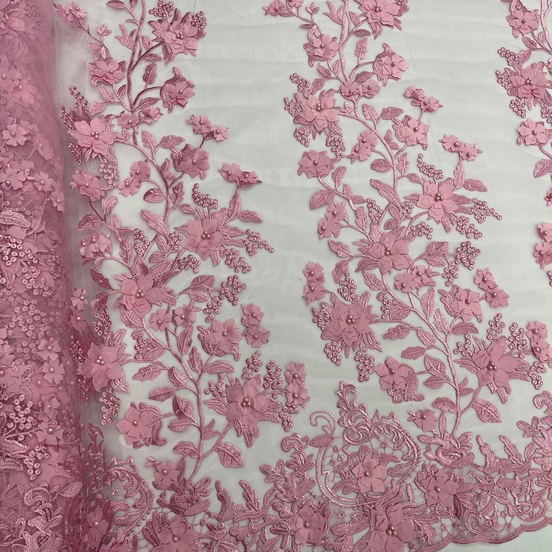 3D Floral Lace - CANDY PINK -  3D Floral Embroidered Mesh Lace with Pearls| Fabric For Quinsiañera Dresses - Prom Dress Sold By Yard