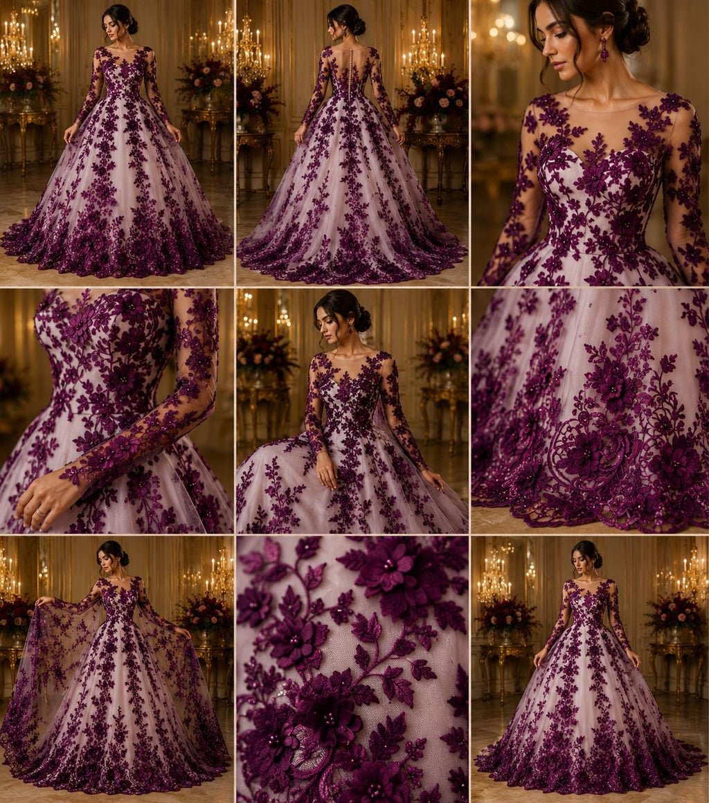 3D Floral Lace - EGGPLANT -  3D Floral Embroidered Mesh Lace with Pearls| Fabric For Quinsiañera Dresses - Prom Dress Sold By Yard