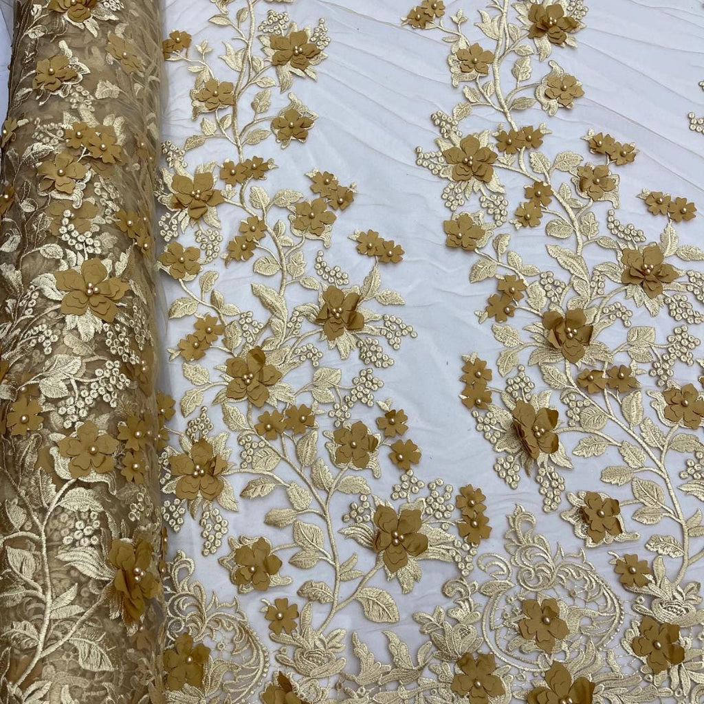 3D Floral Lace - GOLD -  3D Floral Embroidered Mesh Lace with Pearls| Fabric For Quinsiañera Dresses - Prom Dress Sold By Yard