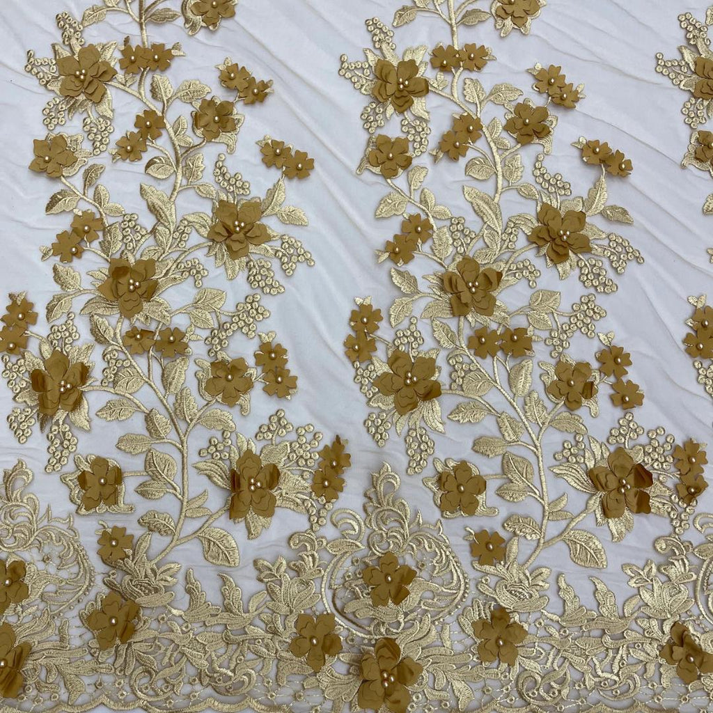 3D Floral Lace - GOLD -  3D Floral Embroidered Mesh Lace with Pearls| Fabric For Quinsiañera Dresses - Prom Dress Sold By Yard
