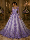 3D Floral Lace - LAVENDER -  3D Floral Embroidered Mesh Lace with Pearls| Fabric For Quinsiañera Dresses - Prom Dress Sold By Yard
