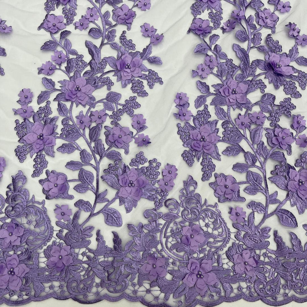 3D Floral Lace - LAVENDER -  3D Floral Embroidered Mesh Lace with Pearls| Fabric For Quinsiañera Dresses - Prom Dress Sold By Yard