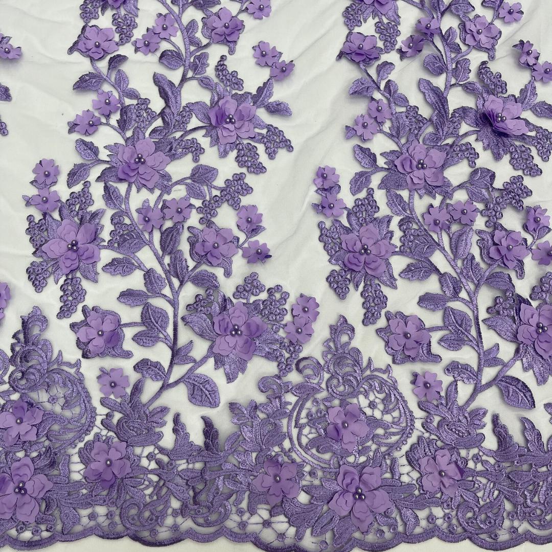 3D Floral Lace - LAVENDER -  3D Floral Embroidered Mesh Lace with Pearls| Fabric For Quinsiañera Dresses - Prom Dress Sold By Yard