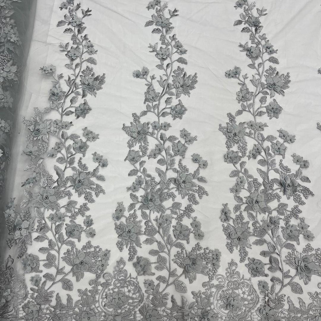 3D Floral Lace - SILVER -  3D Floral Embroidered Mesh Lace with Pearls| Fabric For Quinsiañera Dresses - Prom Dress Sold By Yard