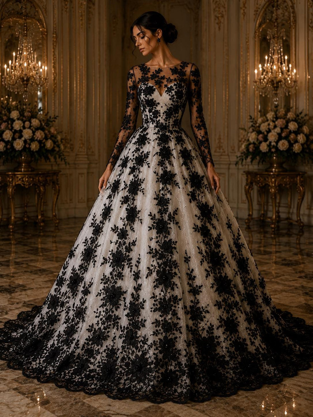 3D Floral Lace - BLACK -  3D Floral Embroidered Mesh Lace with Pearls| Fabric For Quinsiañera Dresses - Prom Dress Sold By Yard