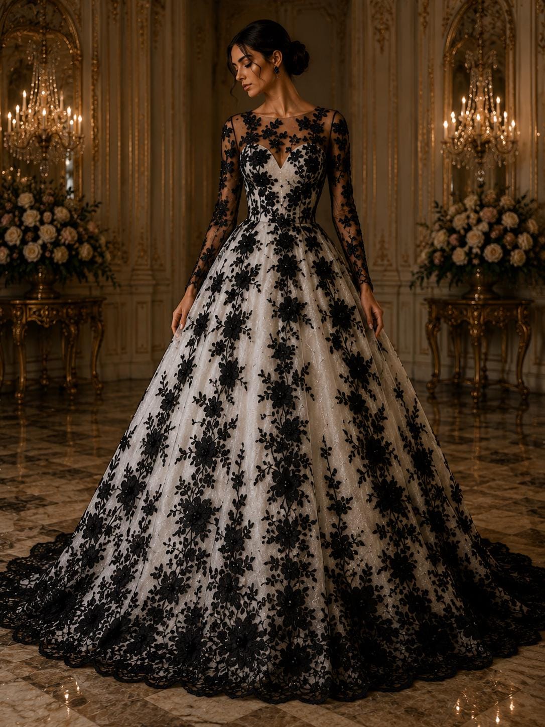 3D Floral Lace - BLACK -  3D Floral Embroidered Mesh Lace with Pearls| Fabric For Quinsiañera Dresses - Prom Dress Sold By Yard