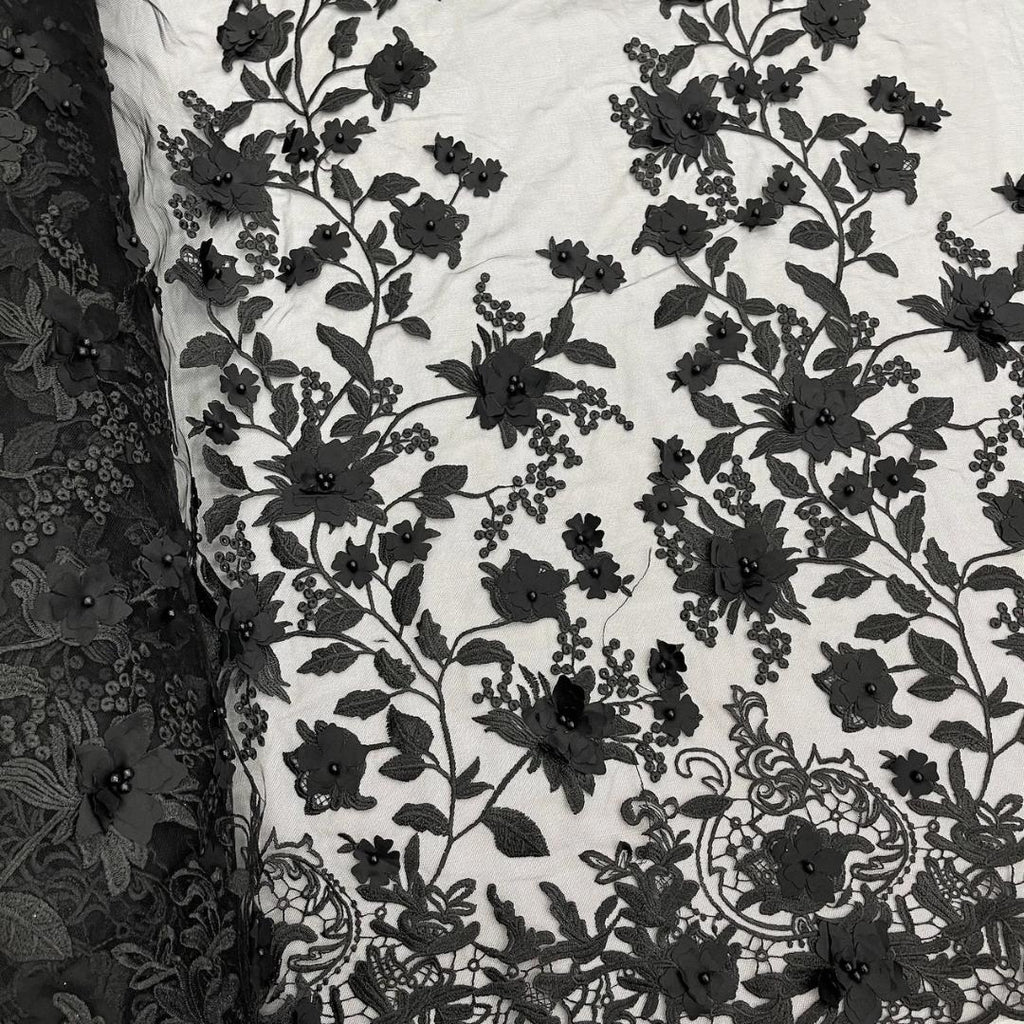 3D Floral Lace - BLACK -  3D Floral Embroidered Mesh Lace with Pearls| Fabric For Quinsiañera Dresses - Prom Dress Sold By Yard