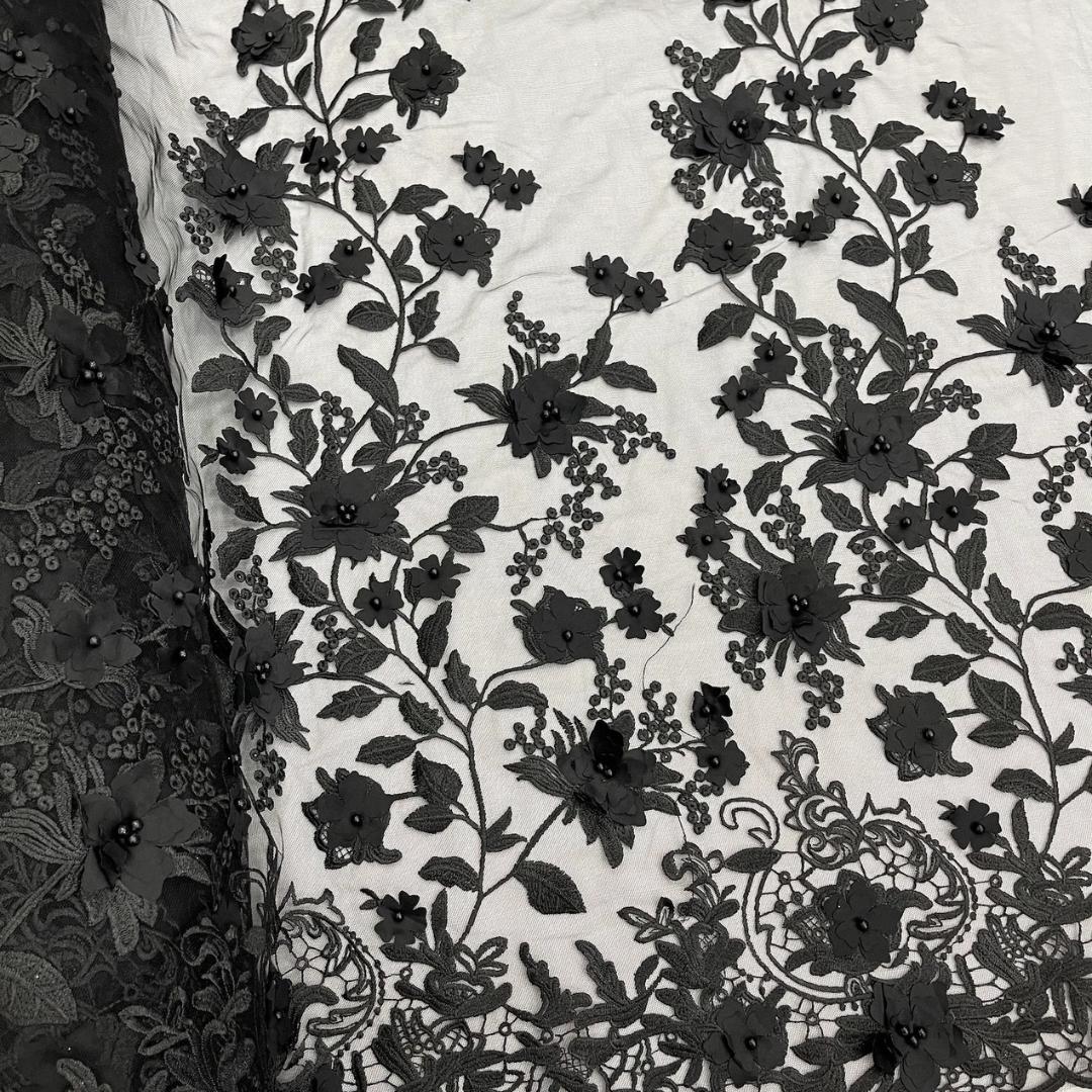 3D Floral Lace - BLACK -  3D Floral Embroidered Mesh Lace with Pearls| Fabric For Quinsiañera Dresses - Prom Dress Sold By Yard