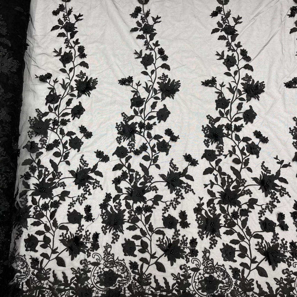 3D Floral Lace - BLACK -  3D Floral Embroidered Mesh Lace with Pearls| Fabric For Quinsiañera Dresses - Prom Dress Sold By Yard