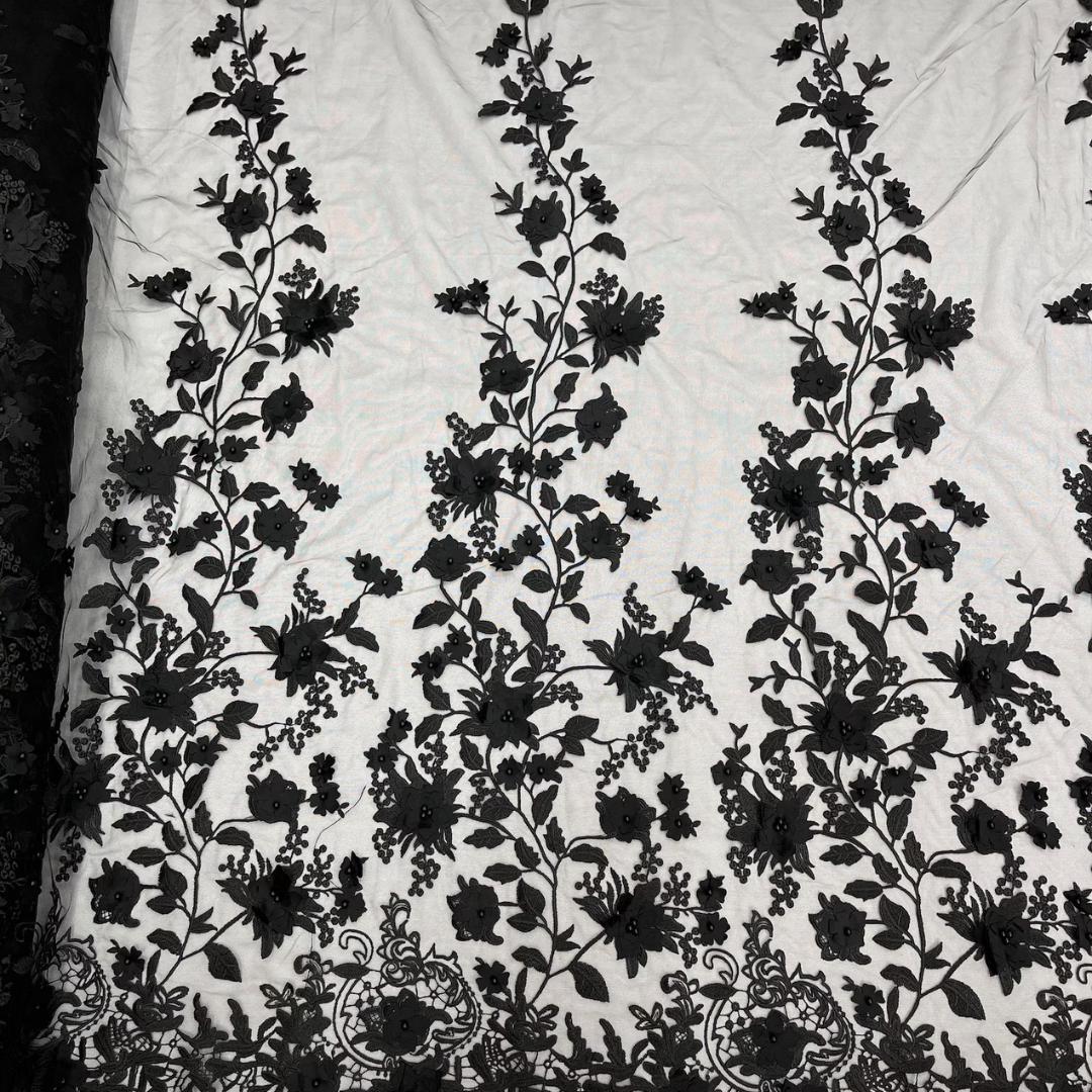 3D Floral Lace - BLACK -  3D Floral Embroidered Mesh Lace with Pearls| Fabric For Quinsiañera Dresses - Prom Dress Sold By Yard