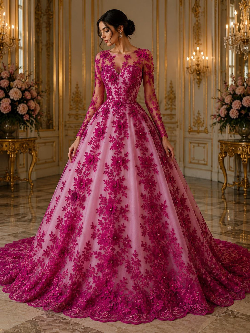 3D Floral Lace - FUCHSIA -  3D Floral Embroidered Mesh Lace with Pearls| Fabric For Quinsiañera Dresses - Prom Dress Sold By Yard