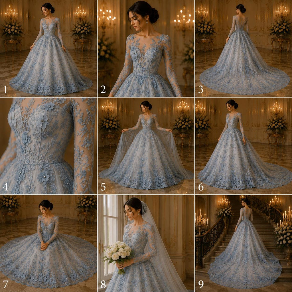 3D Floral Lace - LT BLUE -  3D Floral Embroidered Mesh Lace with Pearls| Fabric For Quinsiañera Dresses - Prom Dress Sold By Yard