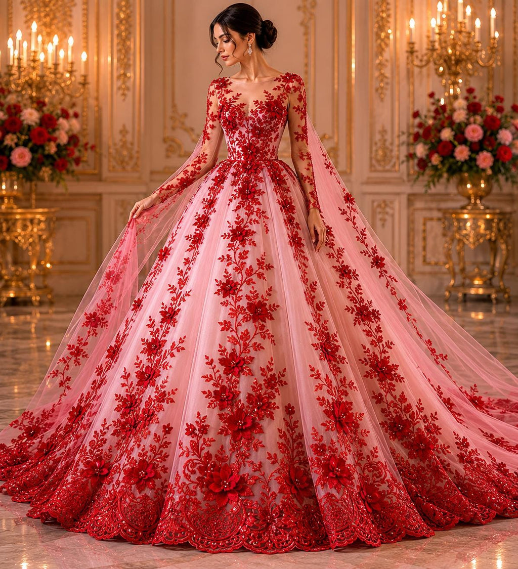 3D Floral Lace - RED -  3D Floral Embroidered Mesh Lace with Pearls| Fabric For Quinsiañera Dresses - Prom Dress Sold By Yard