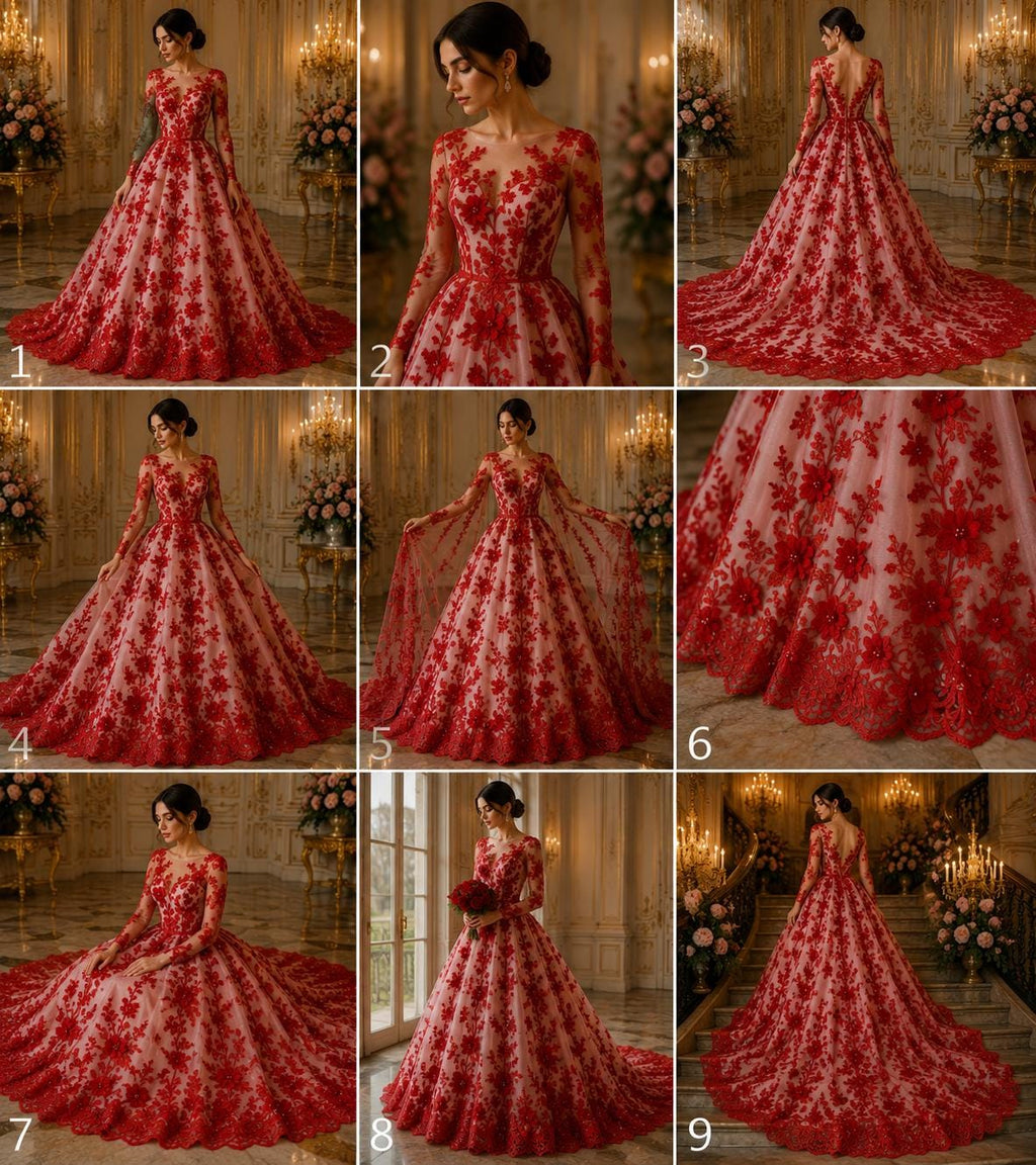 3D Floral Lace - RED -  3D Floral Embroidered Mesh Lace with Pearls| Fabric For Quinsiañera Dresses - Prom Dress Sold By Yard