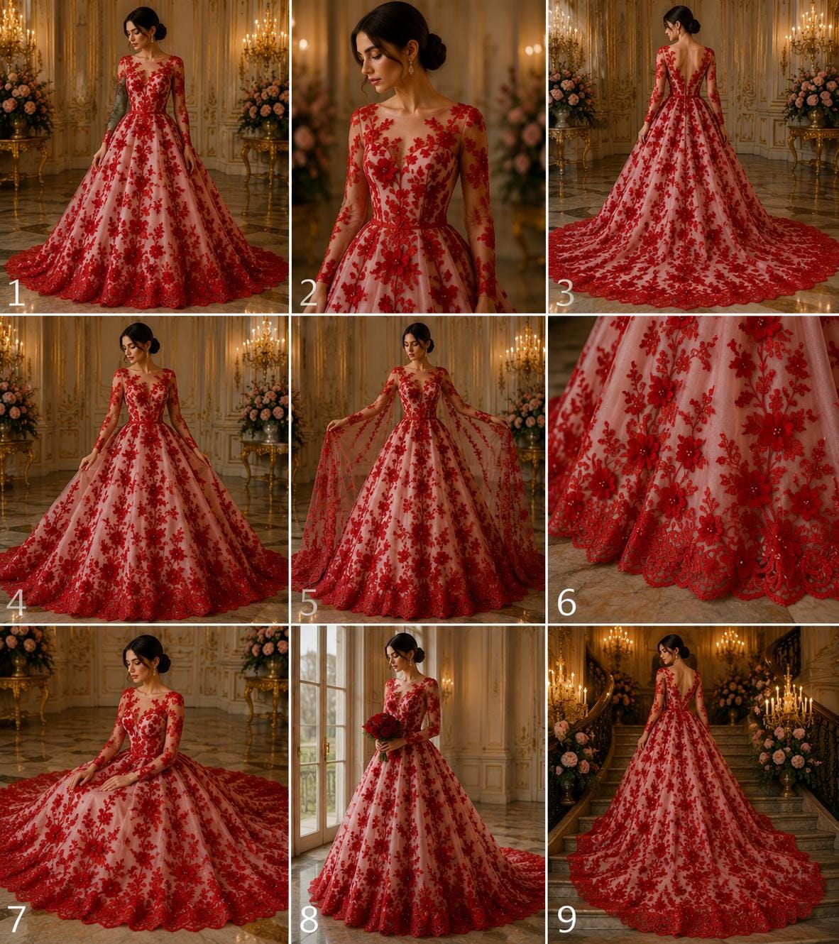 3D Floral Lace - RED -  3D Floral Embroidered Mesh Lace with Pearls| Fabric For Quinsiañera Dresses - Prom Dress Sold By Yard
