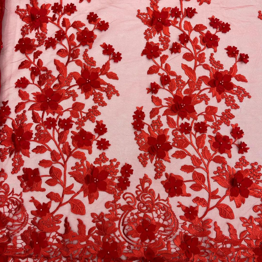 3D Floral Lace - RED -  3D Floral Embroidered Mesh Lace with Pearls| Fabric For Quinsiañera Dresses - Prom Dress Sold By Yard