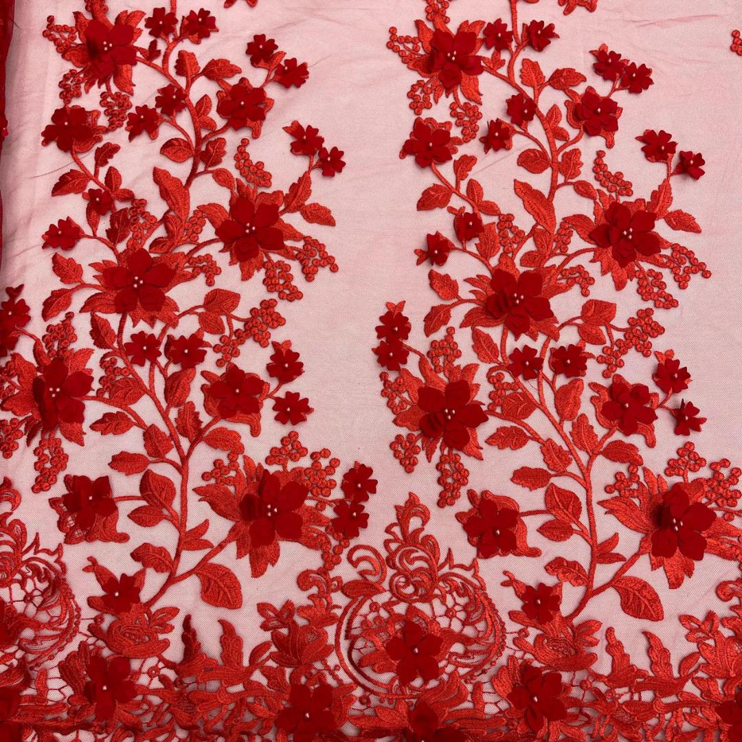 3D Floral Lace - RED -  3D Floral Embroidered Mesh Lace with Pearls| Fabric For Quinsiañera Dresses - Prom Dress Sold By Yard