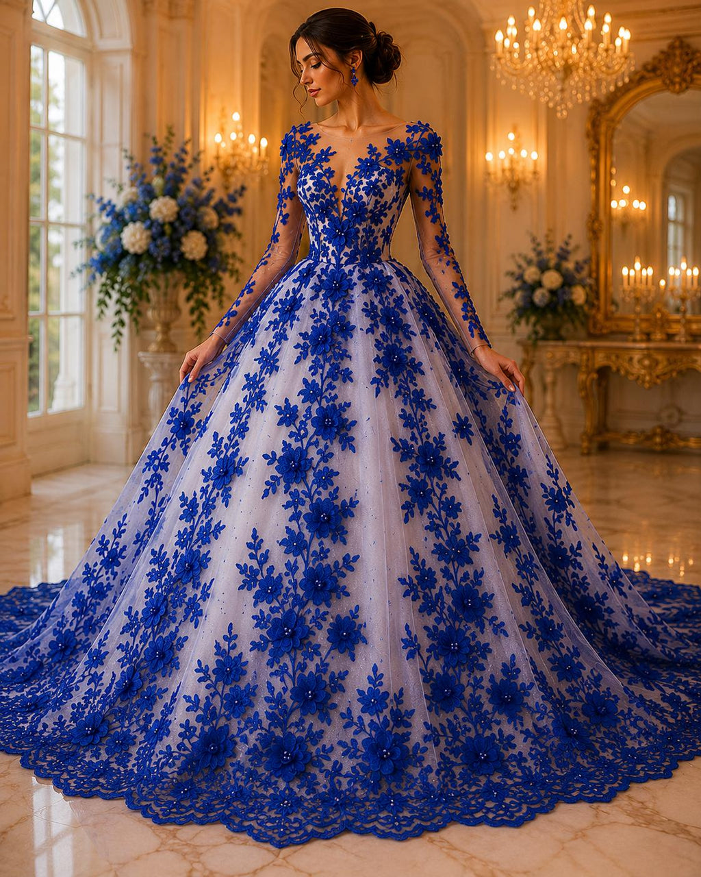 3D Floral Lace - ROYAL -  3D Floral Embroidered Mesh Lace with Pearls| Fabric For Quinsiañera Dresses - Prom Dress Sold By Yard