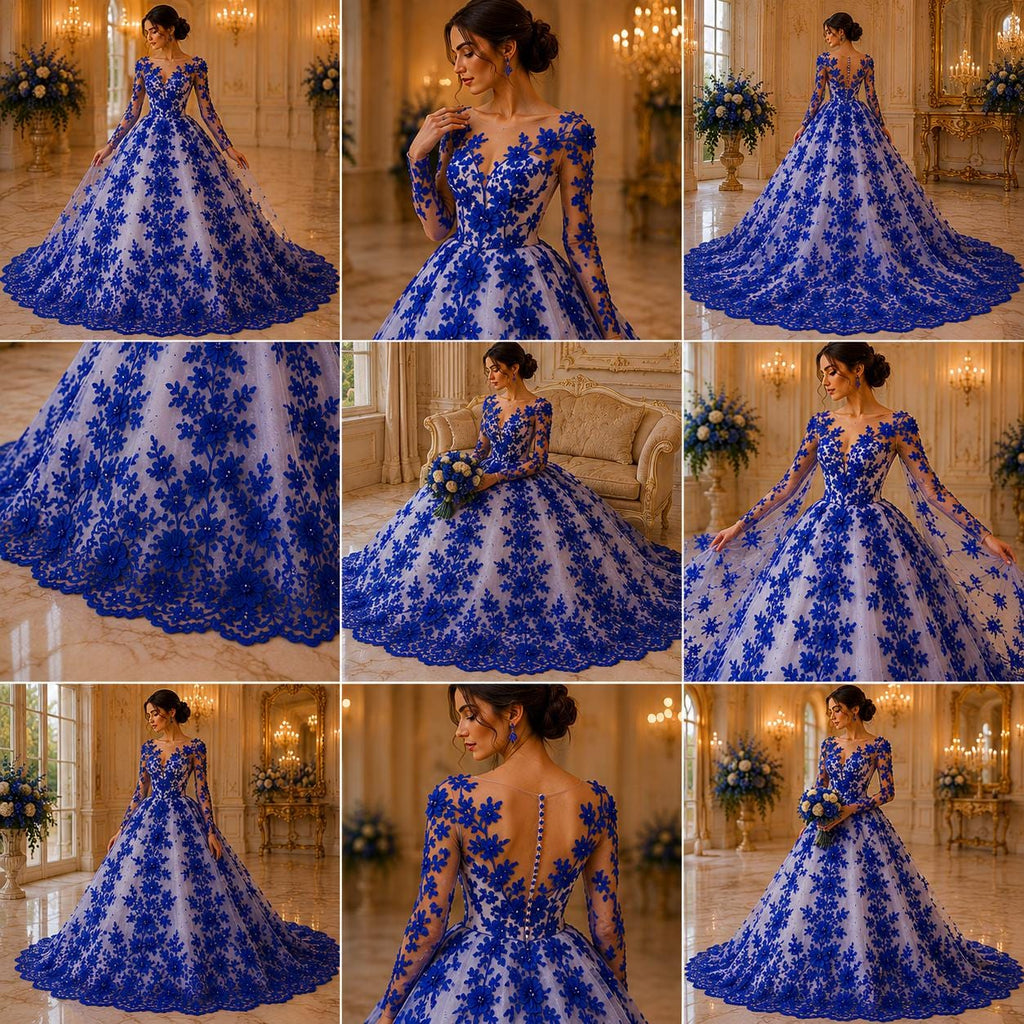 3D Floral Lace - ROYAL -  3D Floral Embroidered Mesh Lace with Pearls| Fabric For Quinsiañera Dresses - Prom Dress Sold By Yard