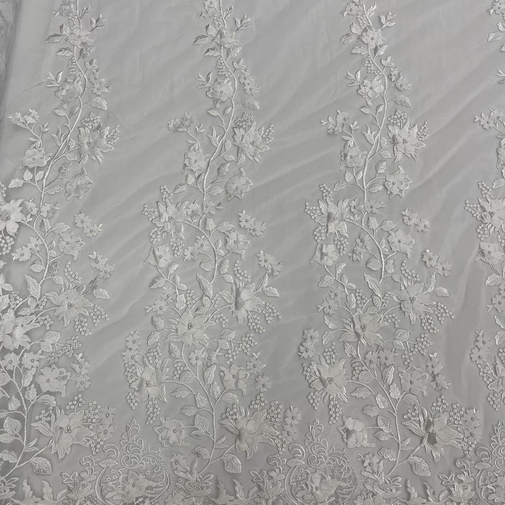 3D Floral Lace - WHITE  -  3D Floral Embroidered Mesh Lace with Pearls| Fabric For Quinsiañera Dresses - Prom Dress Sold By Yard